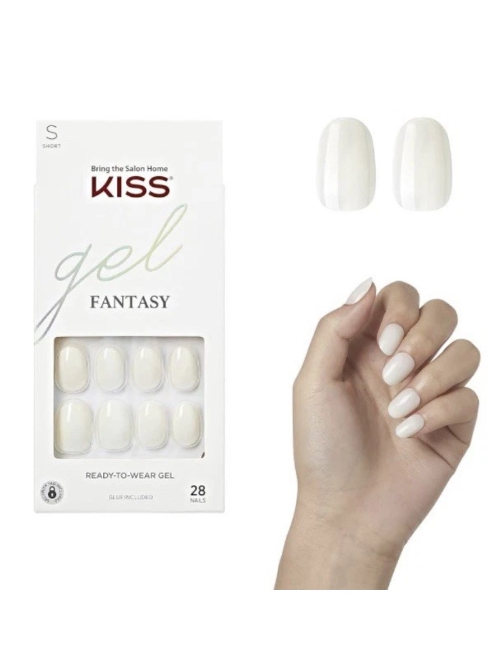 Kiss Gel Fantasy 28 White Nails Ready To Wear Glue Included 93419/FC16 Sz Short